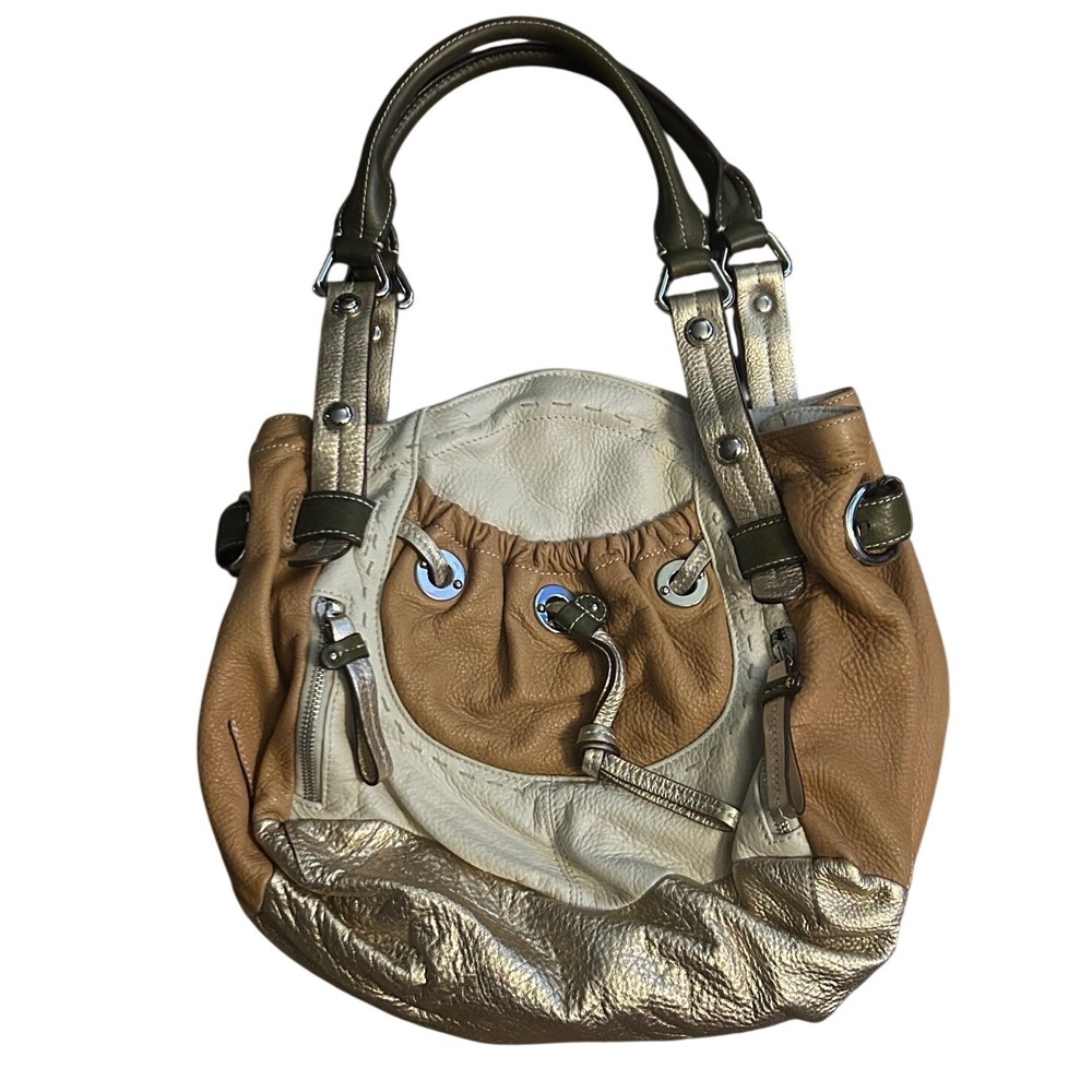 B. Makowsky Leather Hobo Bag Metallic Gold Cream Tan Colorblock Shoulder Bag